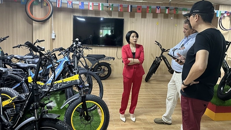 Automated assembly line at POLEEJIEK factory showing e-bike production flow